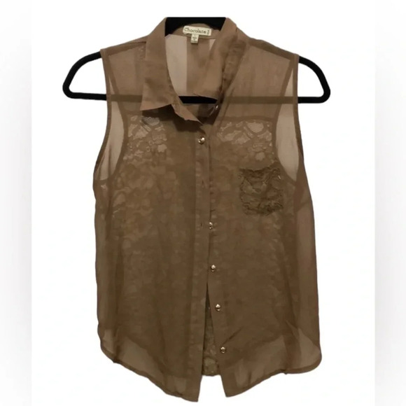 Chocolate Sleeveless Top Sheer Lace Button Down Blouse Brown Size L - Picture 1 of 6